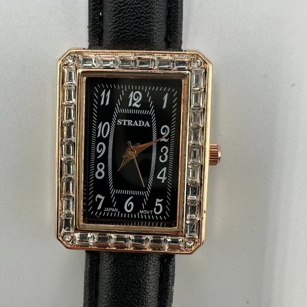 Strada Watch Women Rose Gold Tone Black Dial Crystal Bezel New Battery 9